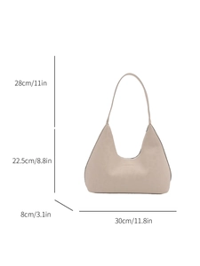 Minimalist beige moon bag dimensions shown with clear 30cm length and 8cm width markers