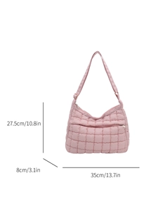 Pink quilted nylon puffer bag for women with adjustable shoulder strap and zip pockets