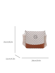 Sac seau en toile crème avec motif M, détails en cuir marron et largeur de 24 cm