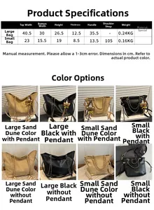 Size chart detail for suede tote bags showing dimensions for large and small versions