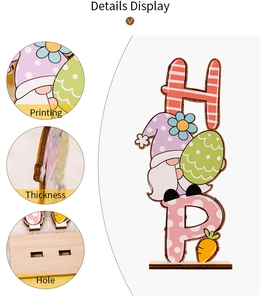 Detail of Easter wooden HOP letters gnome and egg ornaments with board thickness view