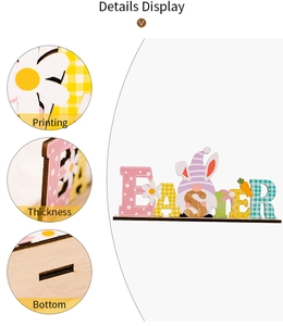 Detail of wooden Easter signs showing printing quality, thickness, and base slot assembly