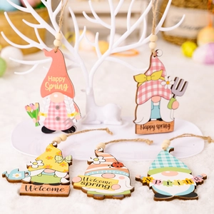 Five Easter gnomes wooden hanging ornaments with spring tulips and garden tools