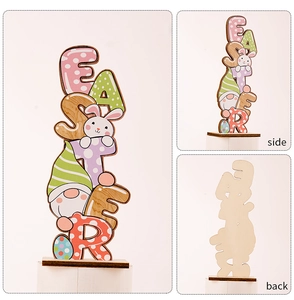 Detailed views of wood Easter letter ornament with bunny and gnome patterns