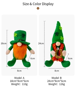 Detailed size and weight specs for St. Patrick's Day gnomes with shamrock patterns