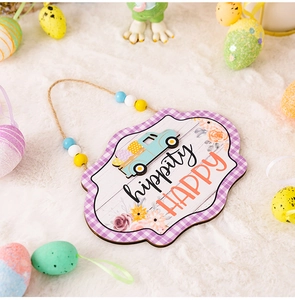 Close-up of Easter wooden sign with blue truck, colorful eggs and pastel plaid borders