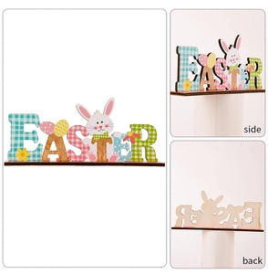 Detailed views showing the front, side, and back of the wooden Easter letter ornaments