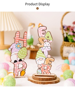 Close-up of Easter wooden gnome ornaments with Happy Easter letters in macaron colors