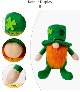 Detailed views of St. Patrick's Day gnome featuring shamrock hat and orange beard textures