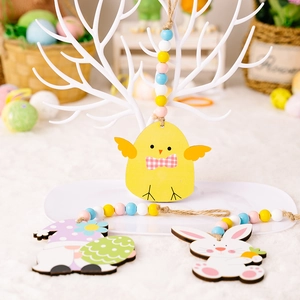 Easter wooden ornaments set featuring bunny with carrot and colorful wood beads