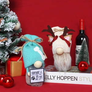 Christmas knitted faceless gnome dolls set with elk horns and dog theme tags in red decor