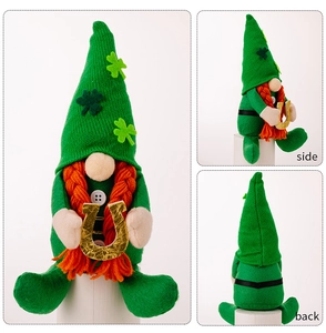 Detailed views showing front, side, and back of St. Patrick's Day gnome with green clover hat