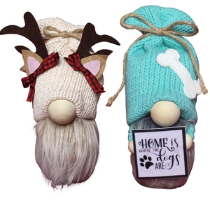 Knitted Christmas Gnomes with reindeer antlers and Home is Where the Dogs Are wooden sign