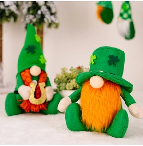 Macro shot of St. Patrick's Day gnomes with green clover hats and orange beards