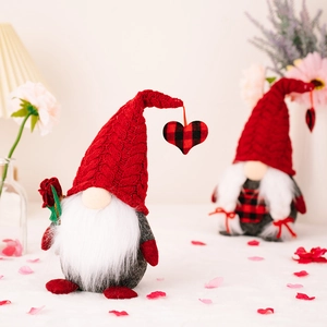 Romantic Valentine Gnomes with red knitted hats and roses in a cozy home setting
