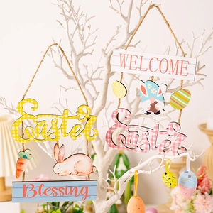 Easter Wooden Hanging Ornament Welcome Blessing Sign Plaid Pattern Rabbit Gnome Egg Decor For Home Holiday Party Wall