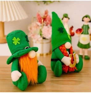 St. Patrick's Day gnomes with orange beard and braids on a cozy wooden table set