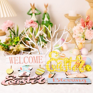 Easter wooden hanging ornaments set with colorful rabbit egg and gnome patterns