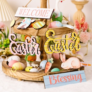 Easter wooden ornament set with bunny, eggs and letters on a tiered display tray