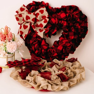 Valentine's Day heart-shaped wreaths in red plaid and burlap fabric for home decor