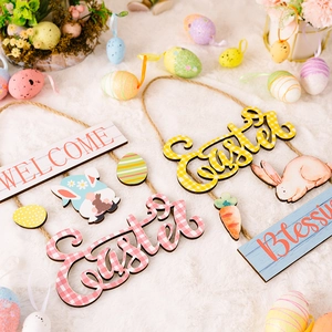 Easter wooden hanging signs with Welcome lettering and cartoon bunny gnome designs
