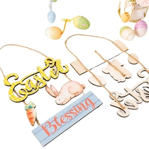 Easter wooden hanging ornaments with plaid Easter text and rabbit designs for home decor