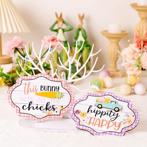 Easter wooden hanging plaques with plaid borders and colorful spring festive motifs