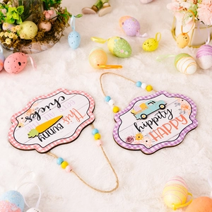 Easter wooden hanging sign set with bunny graphics, colorful beads and burlap rope