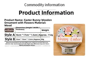 Detailed size chart for Easter Rabbit Gnome Wooden Decoration with material and weight info