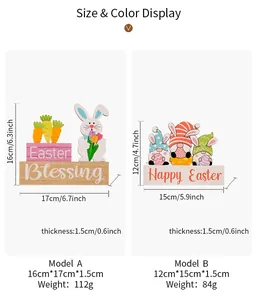 Size chart showing Easter wooden bunny and gnome tabletop ornaments dimensions in detail