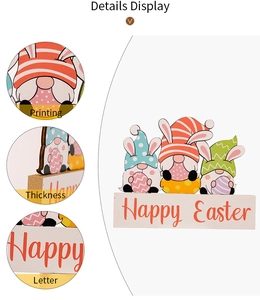 Detail display of Easter wooden gnome ornaments showing printing, thickness and lettering