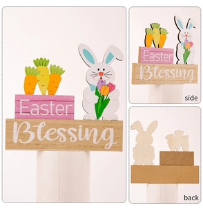 Three-sided view of wood Easter gnome bunny holding tulips and carrots decoration
