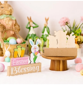 Easter Blessing wooden table decor with hand-painted rabbits and DIY blank wood cutouts