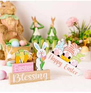 Easter wooden desk ornaments with Easter Blessing text, wooden gnomes and cute rabbits
