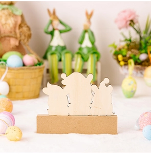 Detail of unpainted natural wood Easter bunny gnome ornaments on a stable wooden base
