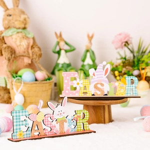 Colorful Easter wooden letter table sign with rabbit and gnome patterns for holiday decor