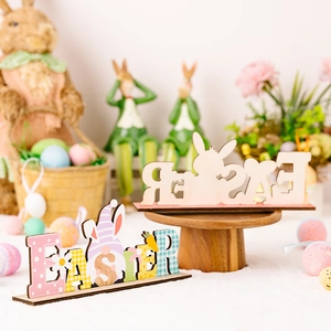 Colorful Easter wooden desktop ornaments featuring gnome designs and bunny silhouettes