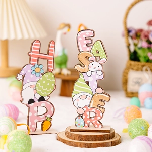 Easter wooden gnome and rabbit table ornaments with colorful HOP and EASTER letters