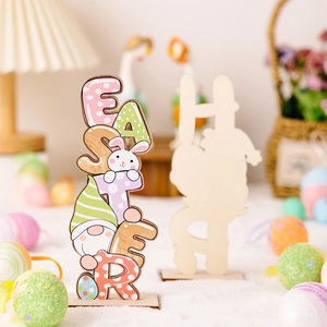 Easter wooden table ornaments with colorful gnomes, bunnies, and DIY blank wood base