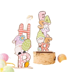 Easter wooden desk ornaments with colorful gnomes, rabbits and EASTER HOP letter signs