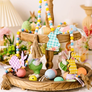 Easter wooden bead garland with plaid rabbit pendant and tassels on tiered display