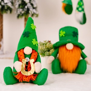 Saint Patrick's Day gnomes set with green clover hats and golden horseshoe props