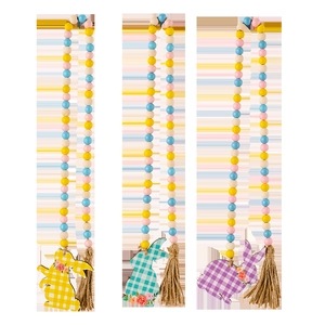 Three Easter wooden bead garlands with colorful beads, plaid rabbits and jute tassels