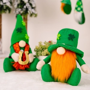 Green St. Patrick's Day gnomes with shamrock hats and lucky horseshoe ornaments