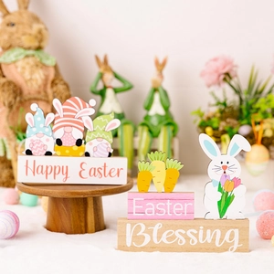 Easter Wooden Tabletop Decorations Happy Easter Blessing Gnomes Bunny Carrot Desktop Ornament Spring Home Decor Gift