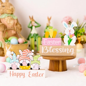 Easter wooden gnome and bunny tabletop decorations with Happy Easter blessing signs