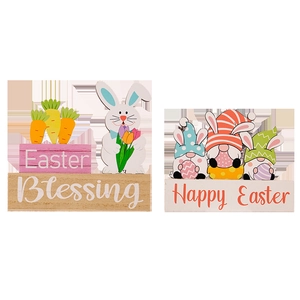 Easter wooden ornaments set featuring bunny gnomes and tulips with Easter Blessing text