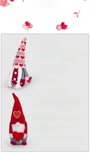 Detailed view of handmade Valentine's Day gnomes with polyester material and red hearts
