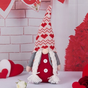 Valentine gnome plush with red heart hat and white braids for home tabletop decor