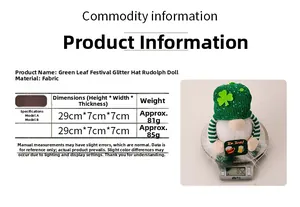 Size chart for lighted St. Patrick's Day gnomes with dimensions 29x7x7cm and 81g weight